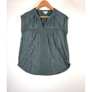Sundance Crinkle Blouse Women Small Petite Green Gray Crochet Trim Boho‎ Top